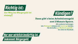 Textgrafik auf hellbeigem Hintergrund mit der Überschrift „Richtig ist: der Weg ins Bürgergeld ist steinig!“ Es werden verschiedene Punkte aufgelistet, darunter: „Kündigen? Dann gibt’s beim Arbeitslosengeld erst 3 Monate Sperre.“ und „Nur wer wirklich bedürftig ist, bekommt Bürgergeld.“