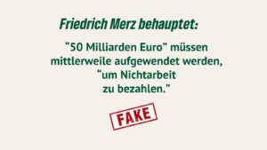 Ein beigefarbener Hintergrund mit der Überschrift „Friedrich Merz behauptet:“ Darunter steht: „50 Milliarden Euro“ müssen mittlerweile aufgewendet werden, „um Nichtarbeit zu bezahlen.“ Ein rotes Stempelsymbol markiert das Wort „FAKE“.