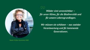 Vor einem grünen Hintergrund ist ein Porträt von Beate Müller-Gemmeke zu sehen. Sie steht vor einer Wand und lächelt, die Arme verschränkt. Darunter ein Zitat: „Wälder sind unverzichtbar – für unser Klima, für die Biodiversität und für unsere Lebensgrundlagen. Wir müssen sie schützen – aus sozialer Verantwortung und für kommende Generationen.“