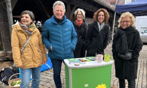 Eine Gruppe von fünf Personen steht vor einem Informationsstand der Partei „Bündnis 90/Die Grünen“. Eine Person ist Beate Müller-Gemmeke. Die Personen lächeln in die Kamera, der Stand ist grün mit dem Logo der Partei (einer Sonnenblume). Im Hintergrund ist ein Marktplatz mit alten Gebäuden zu erkennen.