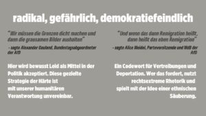 Grauer Hintergrund mit weißer und schwarzer Schrift. Überschrift: „radikal, gefährlich, demokratiefeindlich“. Links ein Zitat von AfD-Politiker Alexander Gauland, in dem er fordert, Grenzen zu schließen und „grausame Bilder auszuhalten“. Die Antwort: „Hier wird bewusst Leid als Mittel in der Politik akzeptiert. Diese gezielte Strategie der Härte ist mit unserer humanitären Verantwortung unvereinbar.“ Rechts ein Zitat von AfD-Politikerin Alice Weidel zur „Remigration“. Die Antwort: „Ein Codewort für Vertreibungen und Deportation. Wer das fordert, nutzt rechtsextreme Rhetorik und spielt mit der Idee einer ethnischen Säuberung.“