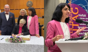 Collage aus zwei Bildern: Links steht Beate Müller-Gemmeke mit weiteren Personen in einem feierlichen Saal, eine Frau in einem schwarzen Blazer trägt sich in das Goldene Buch der Stadt ein. Daneben steht Muhterem Aras im pinken Hosenanzug. Rechts hält Aras eine Rede an einem Rednerpult mit Mikrofon, im Hintergrund ein Banner zum Frauentag.